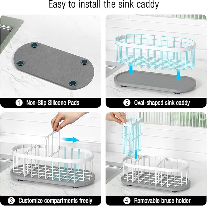Kitchen Sink Organizer with Sponge Holder & Brush Holder - Drain-Free Non-Slip Base, 2.6mm Stainless Steel with White Rust-Resistant Coating - Easy Install & Clean Kitchen Sink Caddy