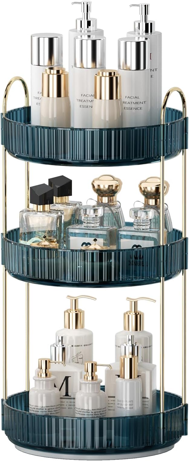 360 Rotating Makeup Organizer for Vanity, Bathroom Countertop Organizer Spinning Perfume Organizer, High-Capacity Cosmetic and Skincare Dresser Make Up Holder Rack (3 Tiers, Blue)