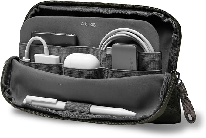 Olive Expandable Desk Storage Pouch – Fold-Down Access Panel, Pen Loop, Recycled Water-Resistant Material – Self-Standing Organizer for Office, Travel, Tech Gear