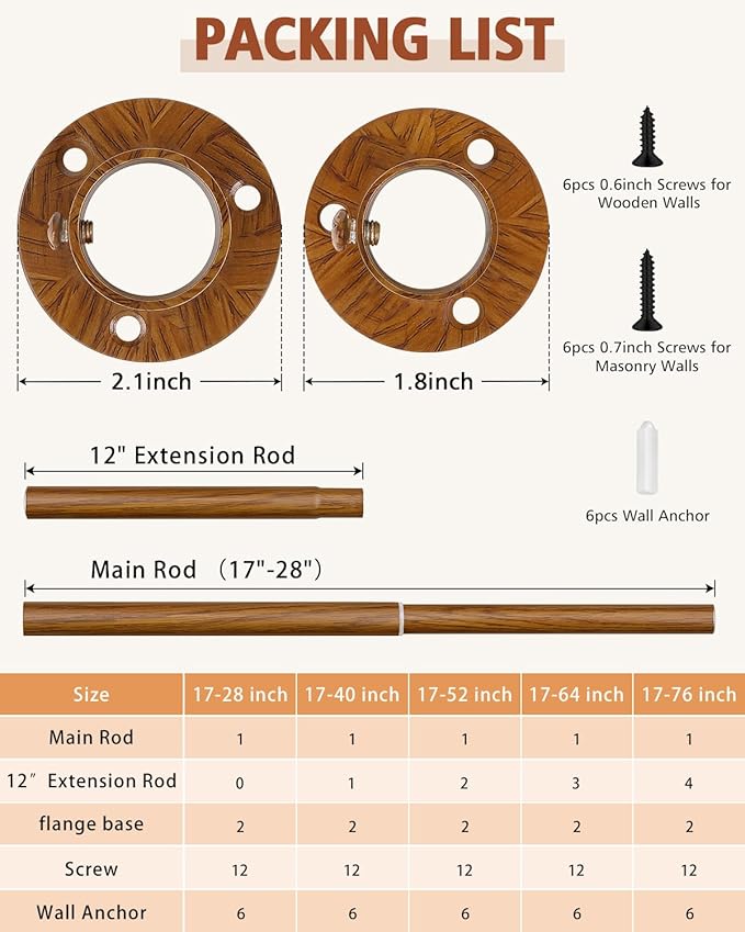 Closet Rods for Hanging Clothes, 17-52 Inch Heavy Duty and Stepless Adjustable Closet Poles, Stainless Steel Closet Hanging Rod for Wardrobes, Laundry Room, Bathroom, RV (Wood-Grain Finish)