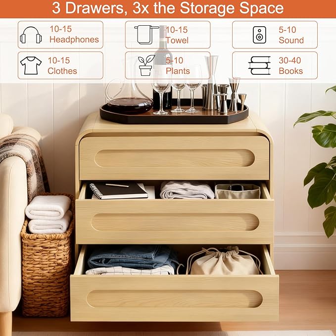 3 Drawer Dressers for Bedroom, 32" Wide Wood Storage Dresser & Chest of Drawers Organizer, Large Modern Dressers with 3 Drawer Storage Organizer for Bedroom Living Room Hallway Closet, Oak