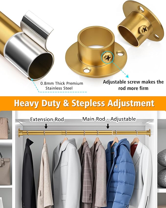 Closet Rods for Hanging Clothes, 17-76 Inch Heavy Duty and Stepless Adjustable Closet Poles, Stainless Steel Closet Hanging Rod for Closet, Wardrobes, Laundry Room, Bathroom, RV (Gold)