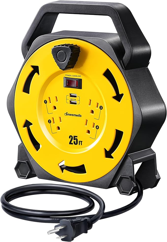 DEWENWILS Cord Reel with 4 Power Outlets, 2-USB Ports(3.4A Fast Charge), 25FT Retractable Extension Cord Reel, Heavy Duty SJTW 16/3 Cable, 13A Circuit Breaker, Hand Wind, UL Listed