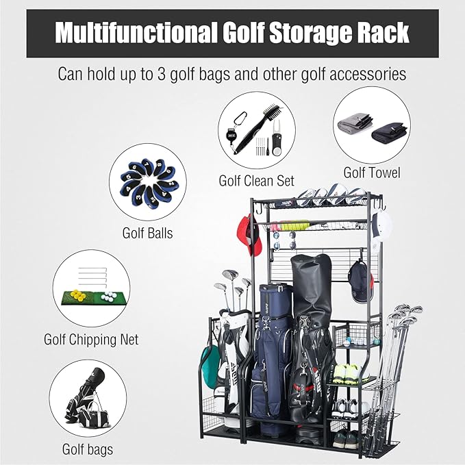 Mythinglogic Golf Bag Storage Garage Organizer,2 Golf Bags Storage Stand and Golfing Equipment Accessories Storage Rack with 4 Removable Hooks, Extra Golf Clubs Display Rack