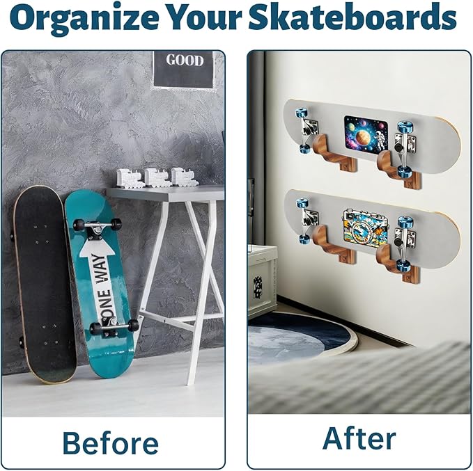 Skateboard Wall Mount, Wooden Horizontal Skateboard Rack Wall Hanger Display and Storage