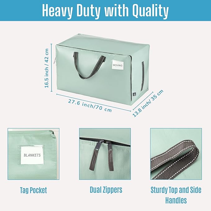 VENO 6 Pack Moving Bags and Large Christmas Decoration Storage Bins with lids. Alternative to Moving Boxes, Packing Supplies for College. Heavy Duty Totes (Shiny Light Green, 6 Pack)