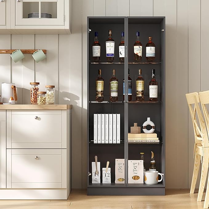 Display Cabinet with LED Lights, Display Case with 4-Tier Glass Shelves & 2 Glass Doors, Curio Cabinet for Collectibles, Living Room