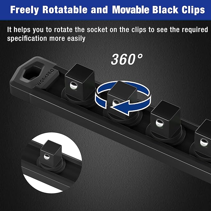 WORKPRO Magnetic Socket Organizer, 1/4-Inch Drive Aluminum Alloy Socket Rail, Heavy Duty Socket Holder, Socket Rack Kit 1/4-Inch x 12 Clips Black (Socket not Included)