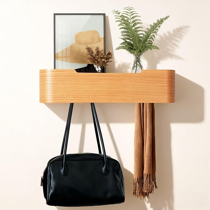 Wall Coat Rack Floating Shelves Modern Coat Rack Wall Mount with Storage Entryway Shelf Wooden Hanger 20 Inch 4 Hidden Metal Hooks for Living Room Bedroom (Oak, 4 Hooks)