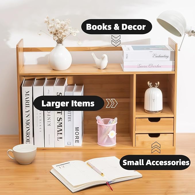 Bamboo Desktop Bookshelf 2-Tier Short Bookshelf with 2 Drawers Desk Shelf for Top of Desk Organizer Shelves Table Top Shelf Desktop Shelves for Offices & Studies (Long Style-26.77" L)