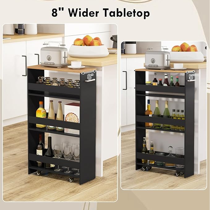 LOKO 4-Tier Rolling Storage Cart, 8 Inches Slim Kitchen Cart on Wheels with Open Shelves & Handle, Laundry Room Cart Between Washer and Dryer, for Bathroom Next to Fridge (Black & Natural)