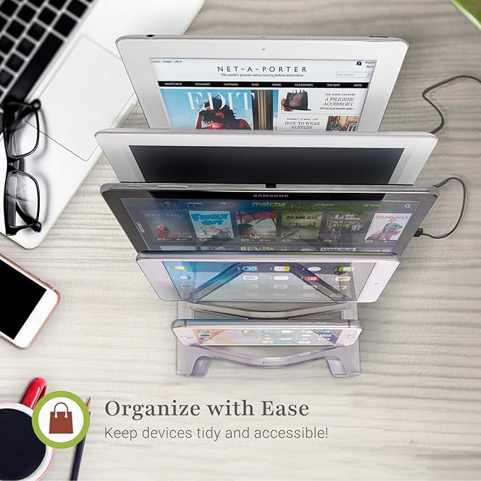 Prosumer's Choice Universal 5 Tablet and Smartphone Charging Organizer Rack Desktop Stand Holder | for Home or Office Supplies | Tablet Divider Stand - Clear