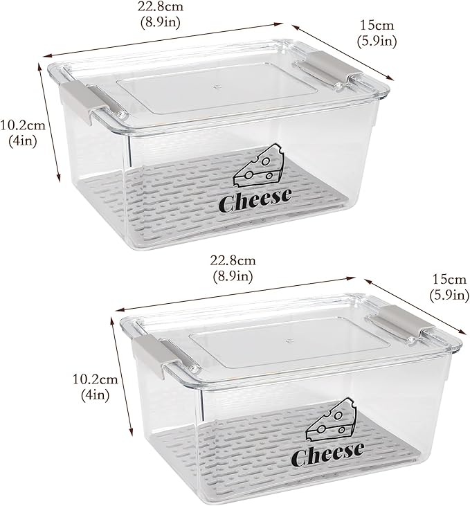 Cheese Container Airtight with Draining Basket Cream Cheese Sliced Cheeses Box with Lid Saver for Fridge Cheeses Keeper Cream Block Shredded Storage Box Saver (Clear - 2 Pack)