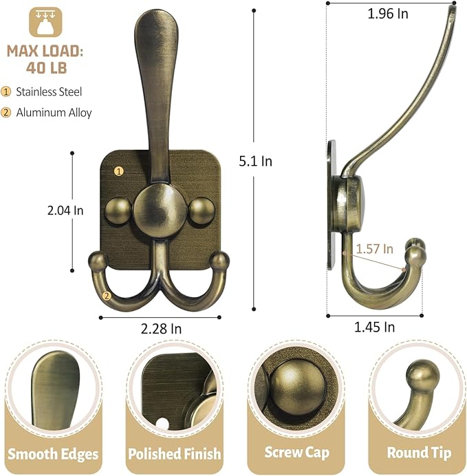 VIS'V 3 Prong Coat Hooks Wall Mount, Metal Self Adhesive Entryway Wall Hooks, 2 Mount Options, Bronze, 4 Pcs