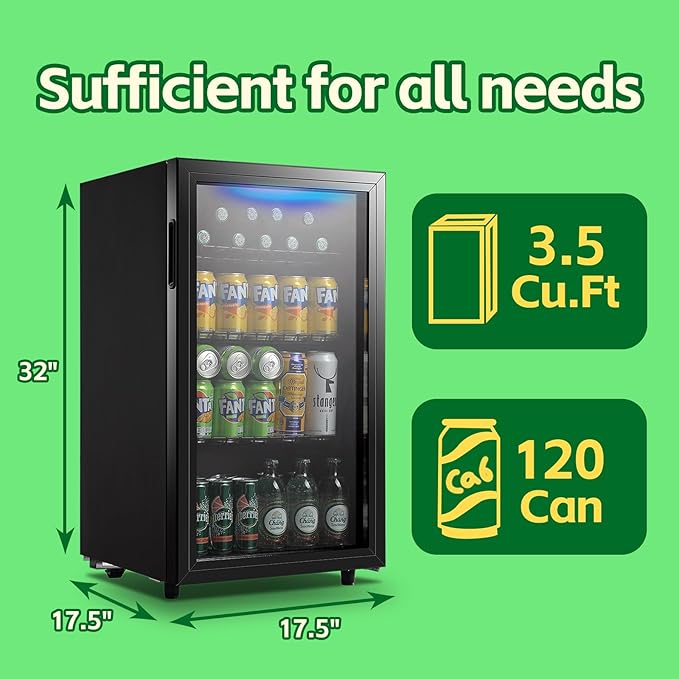 WANAI Beverage Refrigerator Cooler 3.5 Cu.Ft, 120 Can Mini Small Fridge with Glass Door LED Light and Adjustable Shelves for Soda Beer or Wine, Perfect for Home Bar Office, Black