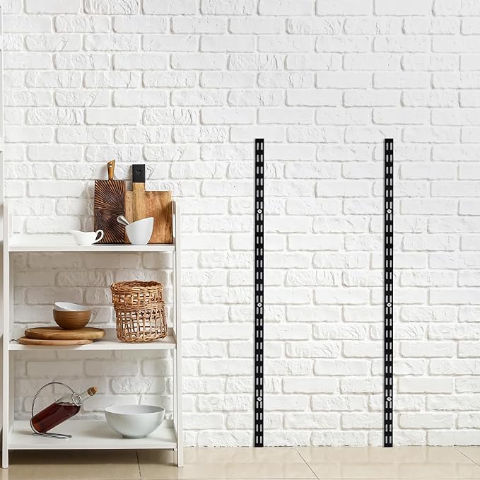 6 Pcs Dual Track Upright Wall Shelving System Heavy Duty Support System Twin Slot Shelf Rail Shelf Standards for Pantries Linen Closets Laundry Rooms(Black,47.5 Inch)
