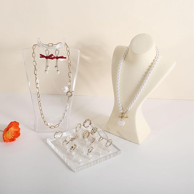 GemeShou Beige necklace storage hanger stand jewelry organizer, Velvet jewelry stand necklace holder, jewelry mannequin bust for necklaces, jewelry bust display stands【Beige-Medium height 9.25 inch】