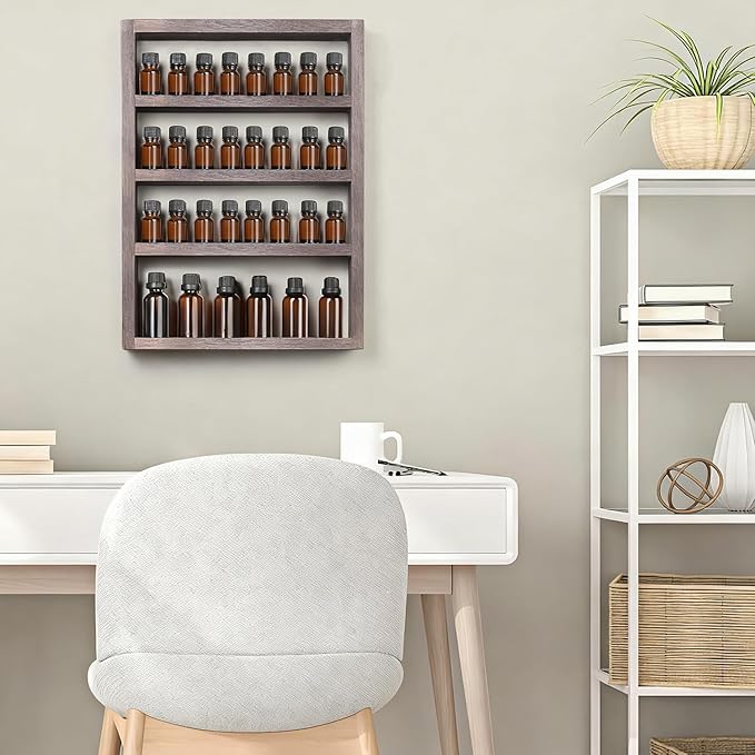 ETELI Essential Oil Storage Rack 4 Tier Wall Mounted Wooden Display Shelf Holder Nail Polish Organizer with Groove Inside for Bedroom Bathroom Powder Room, Rustic Brown