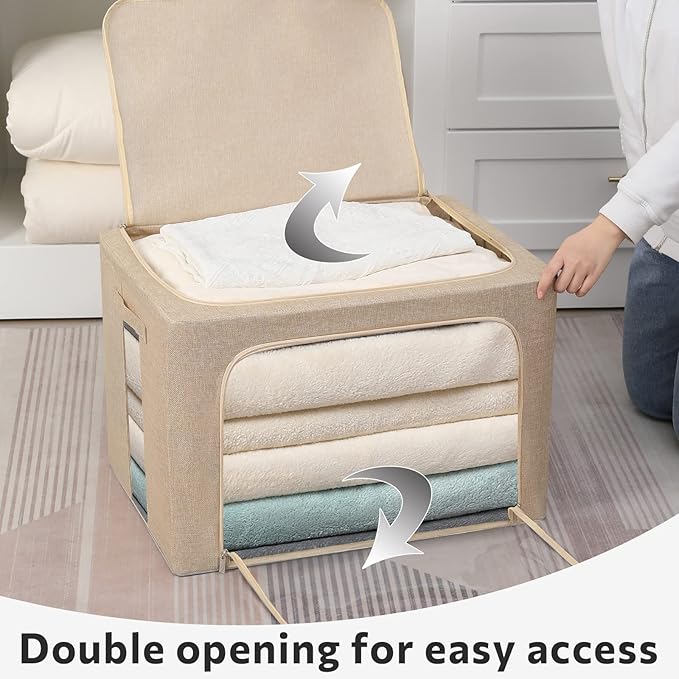 FHSQX 2 Pack Clothes Storage Bins Stackable Metal Frame Storage Box Foldable Linen Fabric Box Organizer with Carrying Handles and Clear Window (Beige, 15.7x 11.8x 11.7 Inch)