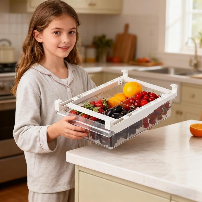 Fridge Drawer Organizer, Pull Out Shelf Storage Transparent Organizer for Refrigerator, Drawer Organizer for Egg, Fruit, Vegetable, Seafood, Meat, Cheese, Produce (White B)