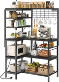 L-Shaped Bakers Rack with Power Outlet, 6-Tier Microwave Stand with Open Storage, Coffee Bar with Hooks, Mesh Grid, Kitchen Shelf with Wire Basket, Black