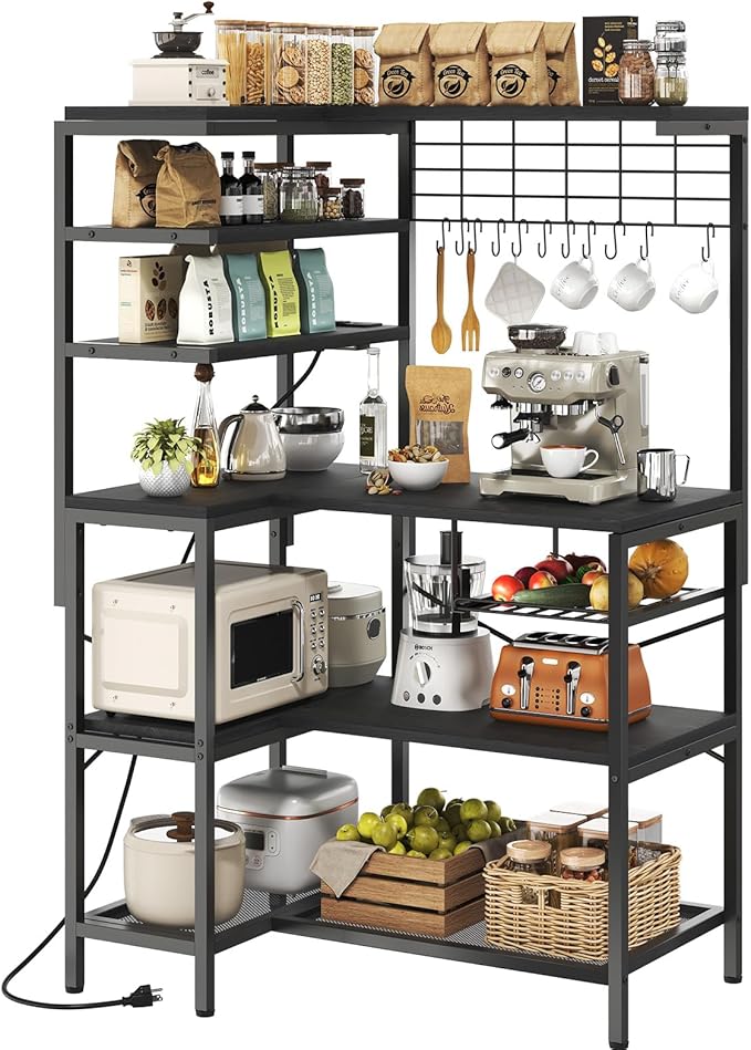L-Shaped Bakers Rack with Power Outlet, 6-Tier Microwave Stand with Open Storage, Coffee Bar with Hooks, Mesh Grid, Kitchen Shelf with Wire Basket, Black