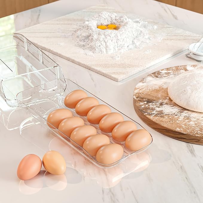 theaoo Egg Holder for Fridge, Automatic Rolling Egg Container for Refrigerator, Clear Plastic Egg Dispenser, Stackable Eggs Organizer with Quick Removable inner Tray For Organizers and Storage, 2Pack