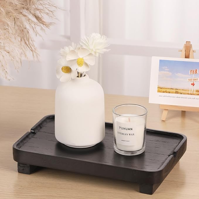 Wood Riser Small Decorative Tray Sink Soap Dish, Vanity Tray Pedestal Stand 9 x 5.9 inches (Black)