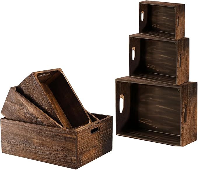 Set of 3 Wood Crate Box, Wood Nesting Storage Crates with Handle, Rustic Decorative Farmhouse Wooden Crates, Handmade Natural Solid Wooden Box for Closet Shelf and Kitchen Storage