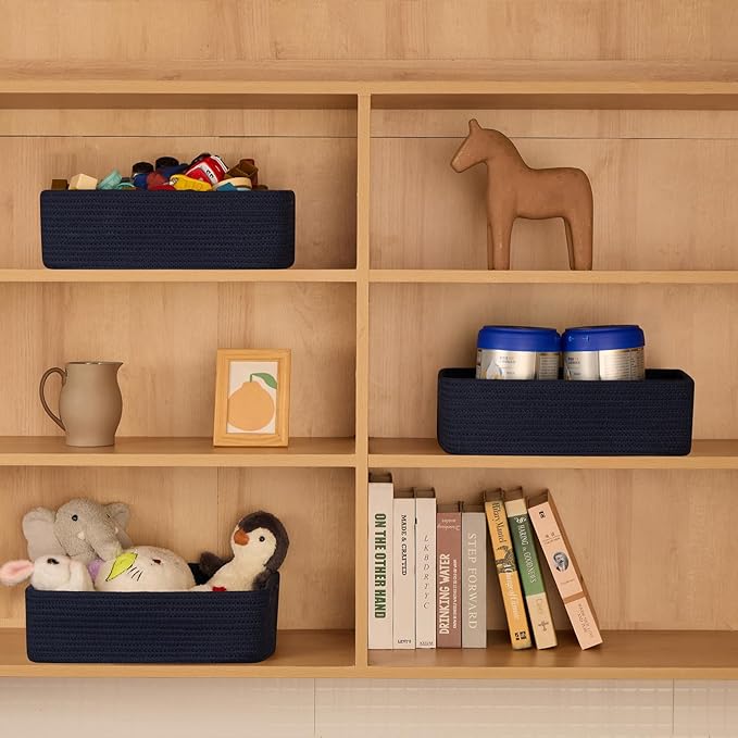 Large Shallow Organizing Baskets 15x11x5.1 Inches - Rope Woven Storage Bins for Bathroom, Shelves, Cube Closet, Navy Blue 3 Packs