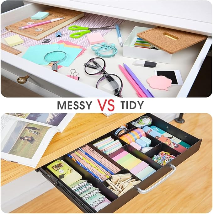 GOME Large Size Under Desk Slide out Pencil Drawer with Adjustable Space Divider Design for Storing Pencil and Office Accessories, Underdesk Pull out Tray Organizer Mounted for Sit Stand Workstation
