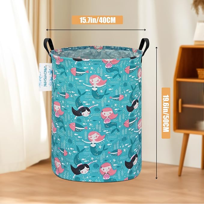 LANGYASHAN Storage Bin, Canvas Fabric Collapsible Organizer Basket for Laundry Hamper,Toy Bins,Gift Baskets, Bedroom, Clothes,Baby Nursery (Round Mermaid)