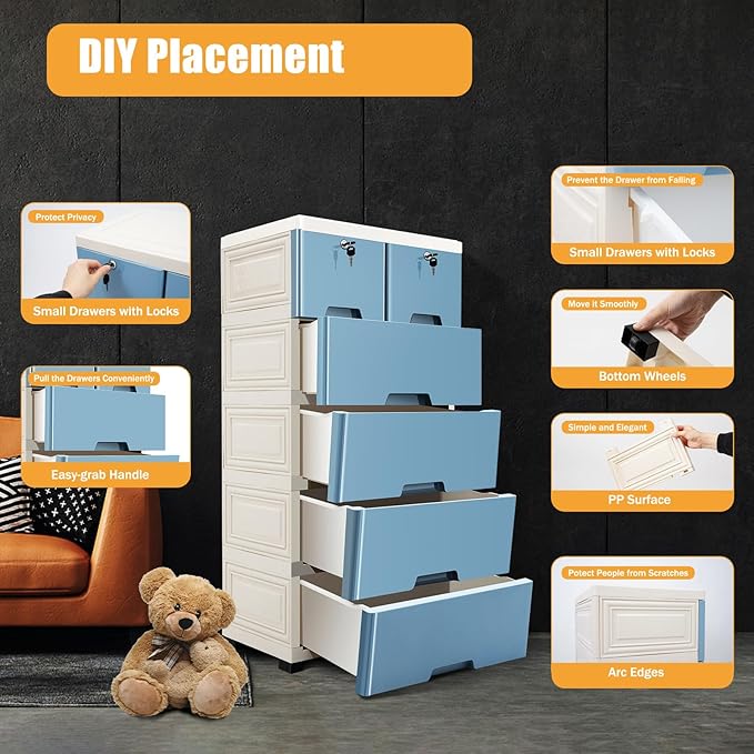5-Layers Plastic Dresser with 6 Drawers Movable Chest of Drawers Locked Storage Cabinet Craft Organizers and Storage for Bedroom Entryway Hallyway, 19.7’’ W*13.8’’ D*40’’ H (Blue)