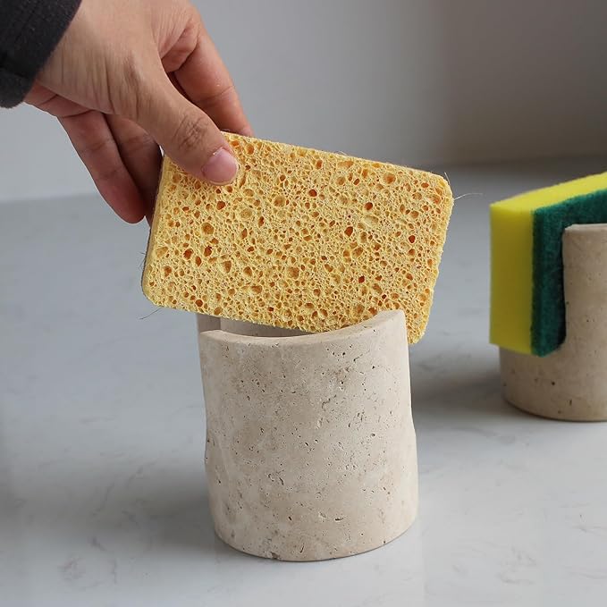 Natural Travertine Sponge Holder for Kitchen Sink, Drying Rack, Compact Sink Caddy Organizer (Beige Travertine)