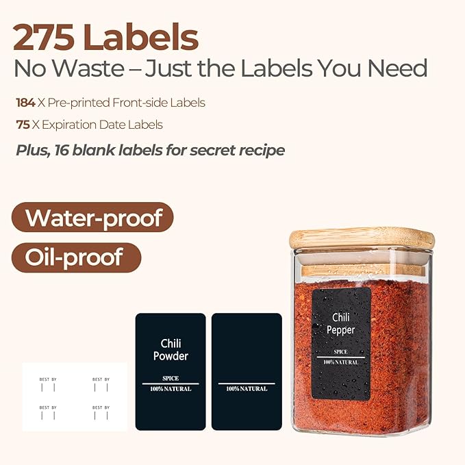ComSaf Spice Jars with Labels 6 oz 12Pack, Small Spice Containers Starter Set, Glass Seasoning Jars with Lids, Square Seasoning Containers for Salt, Pepper, Chili Powder, Sugar, Ginger Ground, Cumin