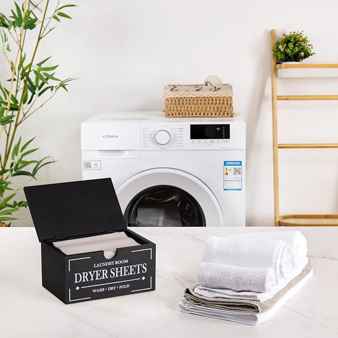 HouseJoy Dryer Sheet Holder-Black Dryer Sheet Container with Lid,Wooden Laundry Room Organization and Storage,Rustic Farmhouse Dryer Sheet Dispenser for Laundry Room Decor,Fabric Softener Containers