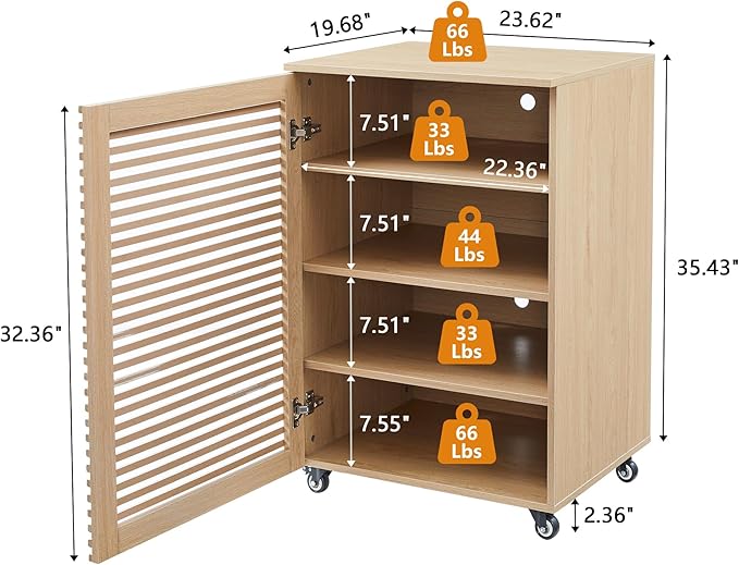 LEVNARY 5-Tier AV Media Cabinet with Grille Door & Adjustable Shelves, Modern Wooden Stereo Rack with Cable Management & Wheels, Audio Video Stand for Living Gaming Room Recording Studio (Natural)