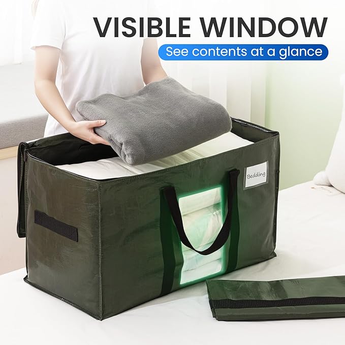 TAILI 6 Pack Green Extra Large Moving Bags, Heavy Duty Totes with Visible Window, Wrap Around Handles, Space-Saving Storage, Alternative to Moving Boxes