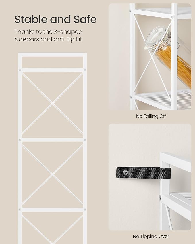 SONGMICS 5-Tier Metal Storage Rack, Shelving Unit with X Side Frames, Dense Mesh, 12.6 x 31.5 x 57.3 Inches, for Entryway, Kitchen, Living Room, Bathroom, Industrial Style, Cloud White UBSC185W01