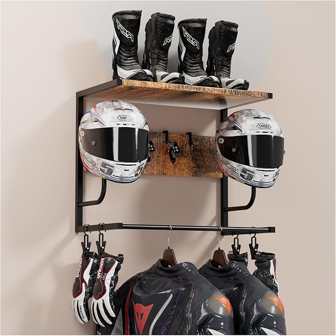 Motorcycle Helmet Holder Wall Mounted, Helmet Rack Wall Mount with Helmet Rack, 4 Glove Chips and 4 hooks, Rustic Helmets Holder and Motorcycle Helmets Racks for Most of Helmet and Clothes