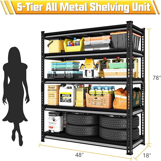 48" W Garage Storage Shelves Heavy Duty, 2800LBS Loads Adjustable Garage Shelving, 5-Tier Metal Shelving Units and Storage Racks, Industrial Utility Shelf,48" Wx18 Dx78 H, Black