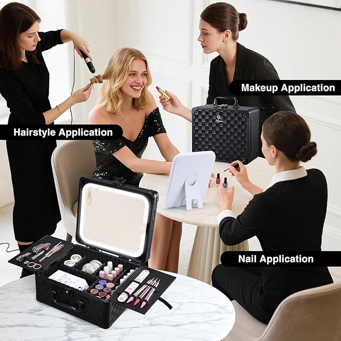 Makeup Case with Magnetic Lighted Mirror 10.15 IN Makeup Organizer Box Travel Cosmetic Case with 3 Colors LED Mirror Portable Vanity Make up Suitcase with Dividers Brush Holder Lock Black Checkerboard