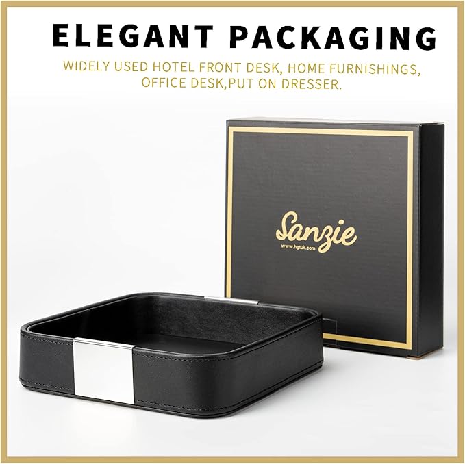 SANZIE Luxury Leather Desktop Storage Small Catchall Organizer Decorative Tray for Entryway Table to Hold Jewelry Watch Cosmetics Keys Phone Wallet, Home & Office Accessories (Metal Silvered, Black)