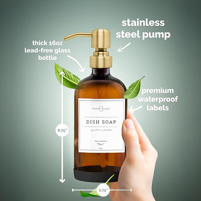 Vine Creations Amber Glass Soap Dispenser, 2 Pack Kitchen Soap Dispenser Set with Stainless Steel Pump, 16 oz Hand Soap and Dish Soap Dispensers for Kitchen or Bathroom with Waterproof Labels