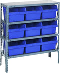 Quantum 1839-SB810BL Heavy Duty Shelving Unit with (4) Shelves and (9) QSB810 Blue Bins for Garage Warehouse Storage Distribution | 400 lb Load Capacity | 18"D x 36"L x 39"H, Galvanized Carbon Steel