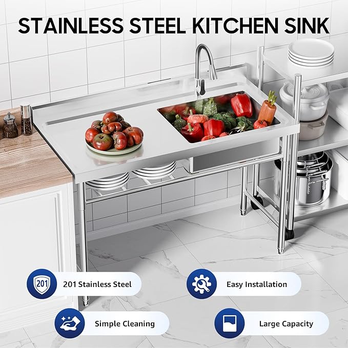 Freestanding Commercial Utility Sink, 47.2 * 23.6 * 31.5in Industrial Kitchen Sink Unit with Faucet, 2-Tier Storage Shelf, Outdoor Freestanding Single Bowl Sink for Garage, Restaurant