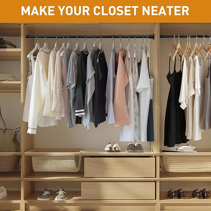 Black Adjustable Closet Rod 18-77 Inches, Heavy Duty Metal Clothes Hanging Rod, Rust-Proof Non-Slip Wardrobe Bar for Closet, Laundry Room, RV