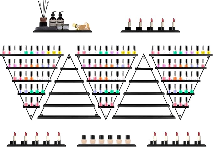 10PCS Nail Polish Rack Wall Mounted Shelf, 5 Tiers Black Triangular Display Rack, Cosmetic Display Cases, Lipstick Perfume Wall Shelf Essential Oil Organizer for Home Spa Nail Salon Shop (Black)