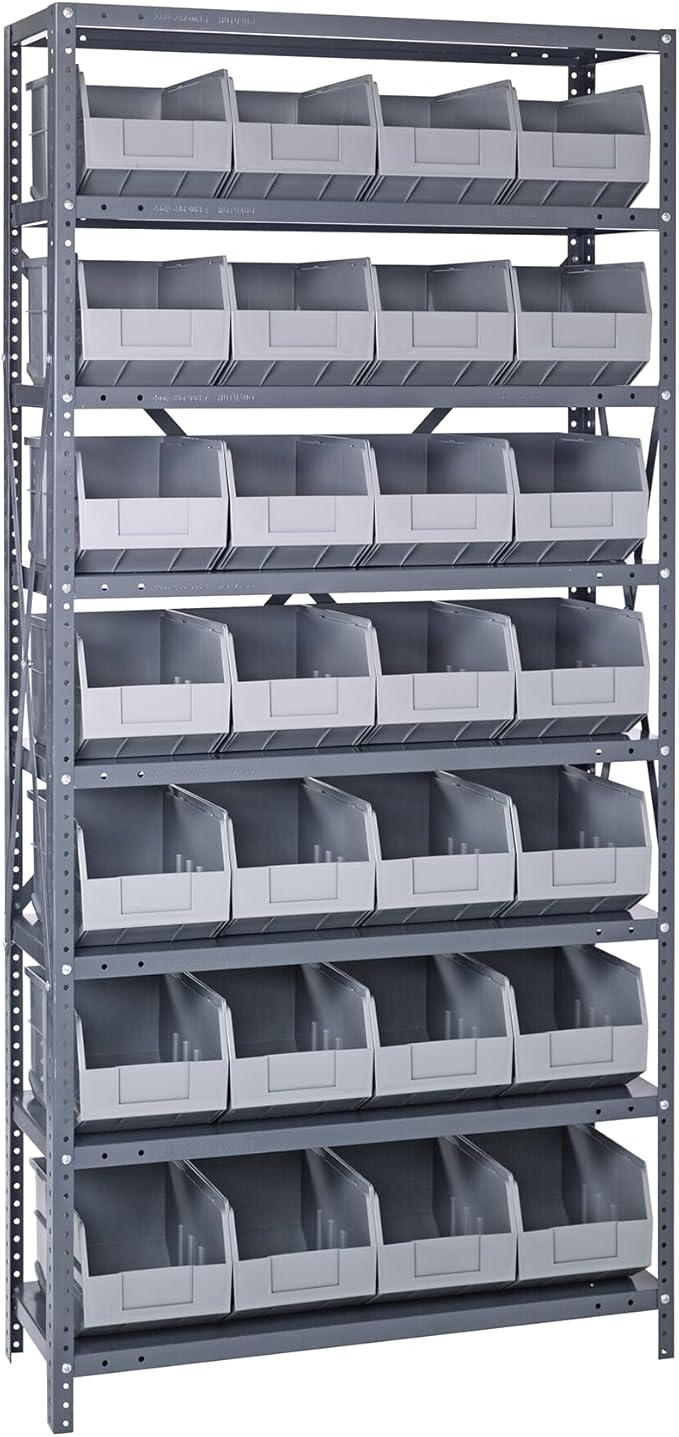 QUANTUM STORAGE SYSTEMS 2475-483GY Solid Heavy Duty 8 Shelves 28 Stackable Shelf Bins Gray Bins 75" H x 36" W x 24" D