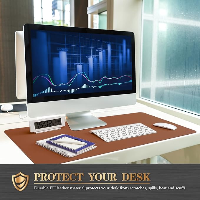 K KNODEL Desk Mat, Blotter, Dual-Sided Office Desk Pad, Waterproof Desk Mat for Desktop, Desk Blotters, PVC Leather Pad Protector (Brown, 35.4" x 17")